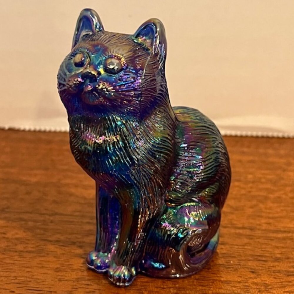 Mosser Amethyst Blue Carnival Glass Sitting Cat Figurine